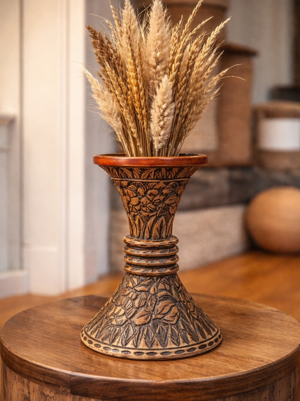 Hand-Carved Floral Pedestal Vase Planter in Brown and Tan